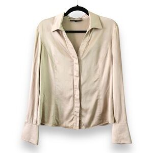 Lafayette 148 Light Tan Silk Charmeuse Button Up Long Sleeve Shirt Size 10